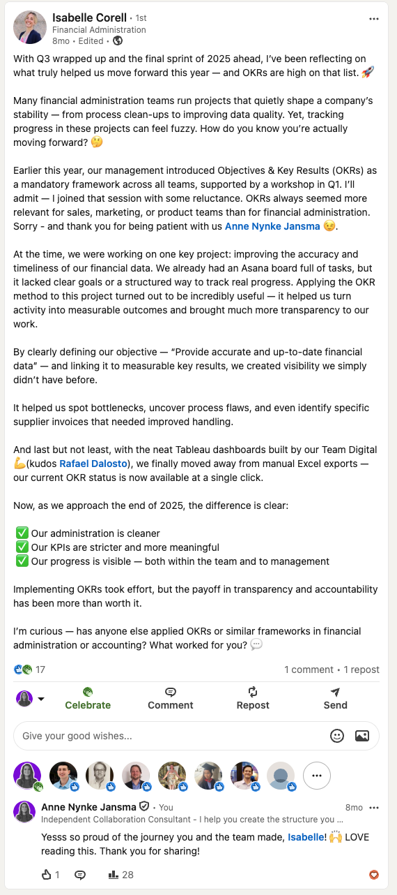 LinkedIn post by Isabelle Corell of MisterGreen describing how the OKR rollout turned activity into measurable outcomes and improved transparency and accountability