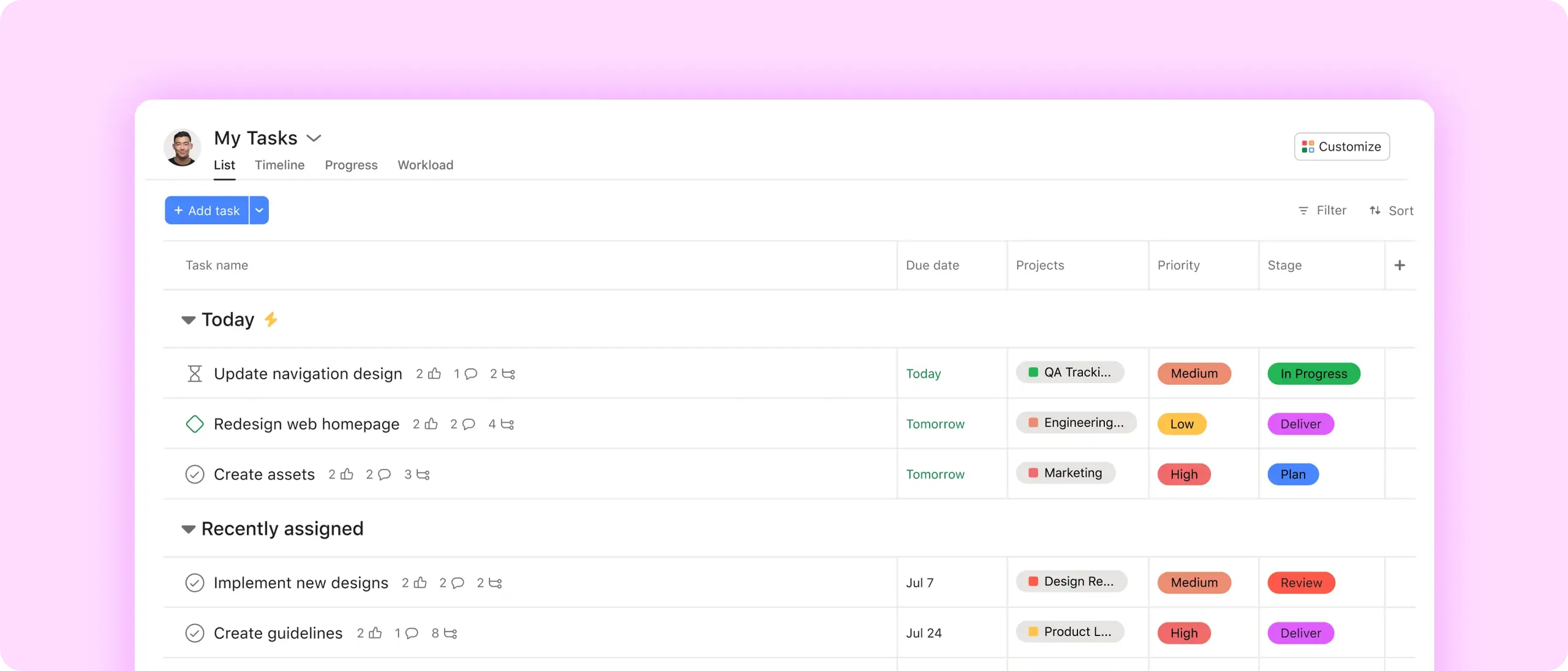 An organised Asana My Tasks board, the kind of clean setup we build together