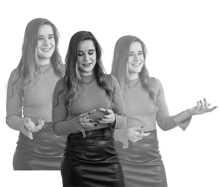 Anne Nynke in three poses: presenting, considering, and gesturing while she speaks